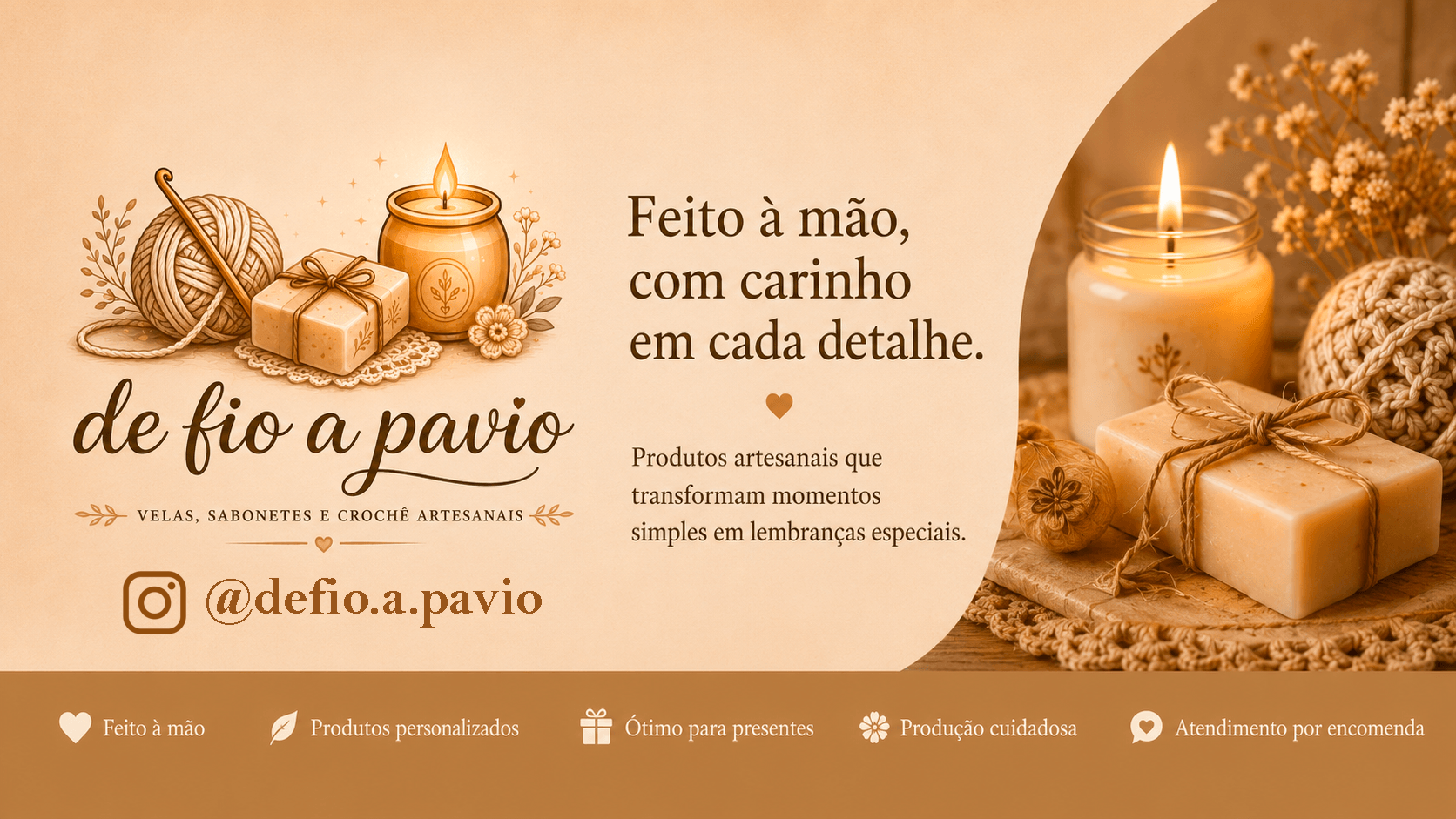 Banner da marca De Fio a Pavio com vela, sabonete e crochê artesanal