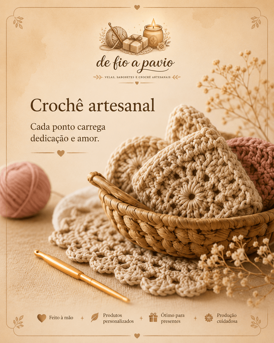 Peça de crochê artesanal da marca De Fio a Pavio